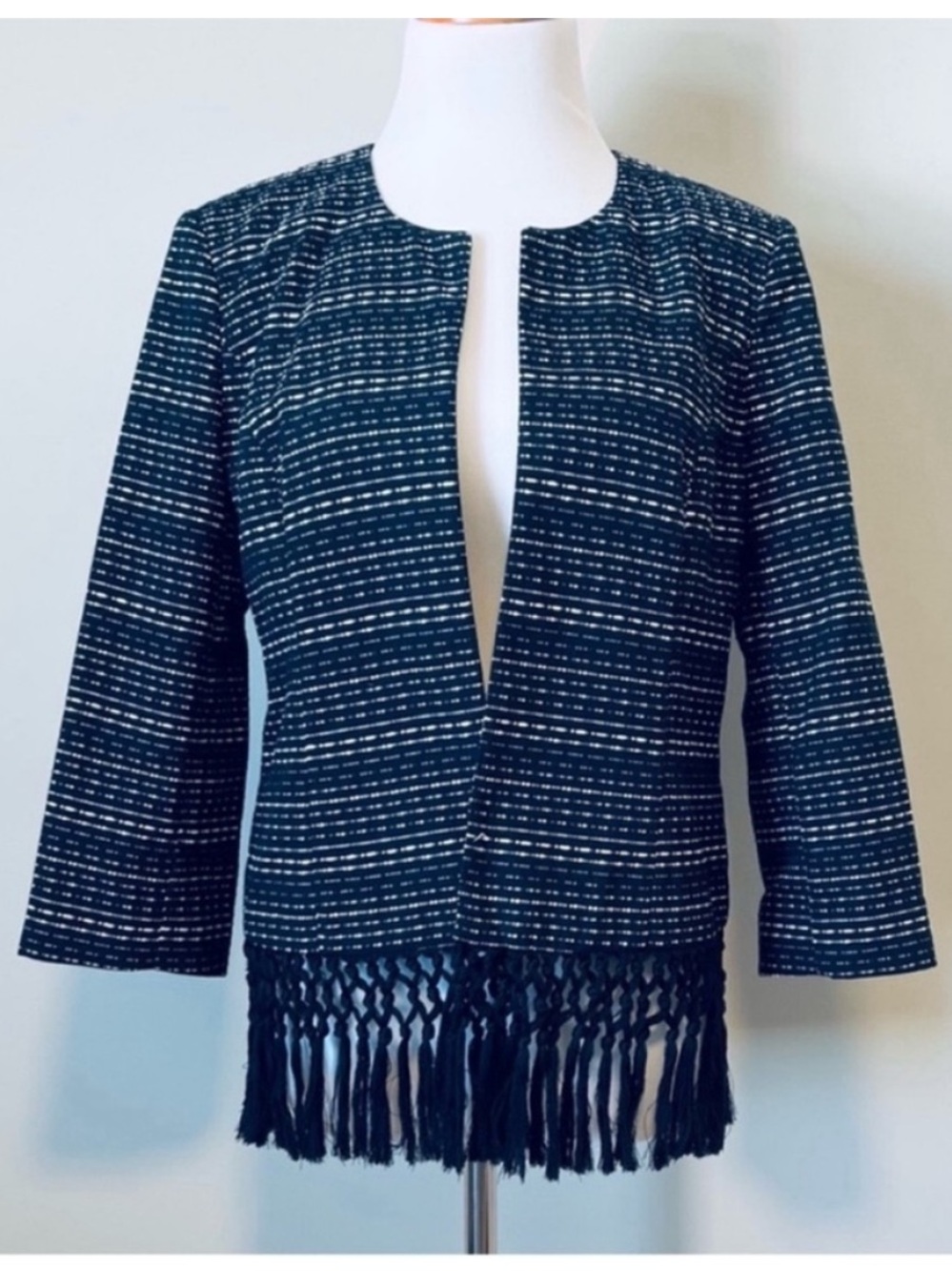 Karl Lagerfeld Navy and White Tweed Open-Front Jacket with Fringe Hem